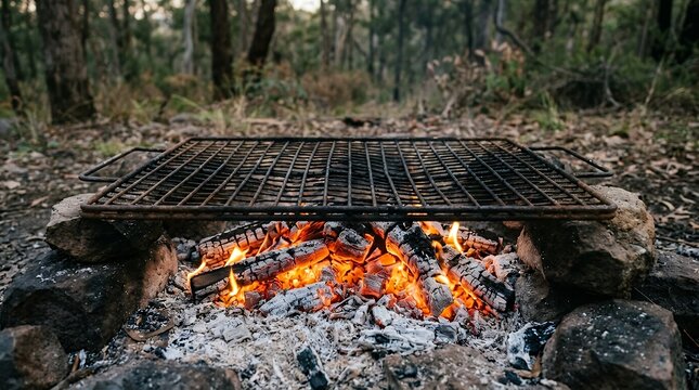 Old metallic cooking grid positioned over burning embers and glowing ash outdoors grill grate metal rust iron fire embers ash burning heat outdoor cooking barbecue food preparation texture closeup