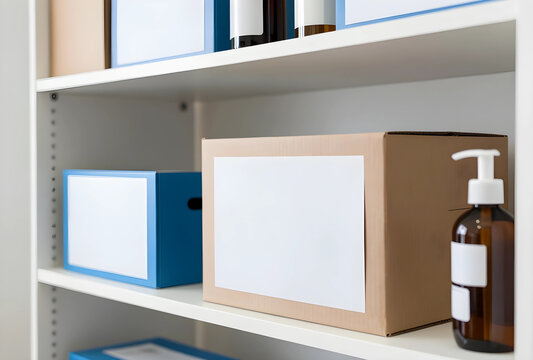 Office organization and storage solutions, cardboard box with blank label on a white shelf, home office supplies