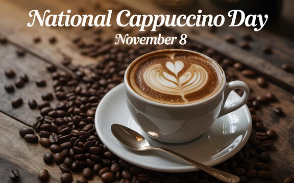National cappuccino day november 8 celebration with hot coffee and roasted beans on wood surface