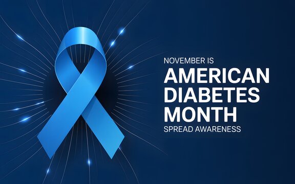 November is american diabetes month awareness with blue ribbon and glowing light particles