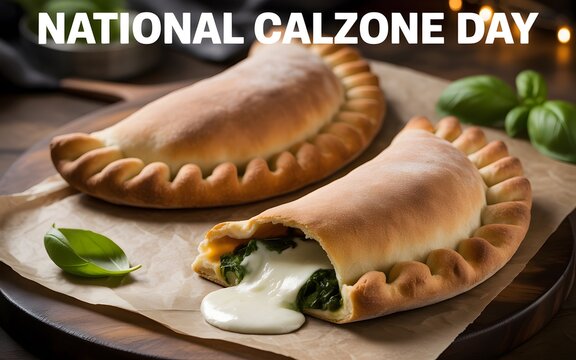 Two baked calzones on a wooden board with melted cheese and fresh green basil leaves displayed