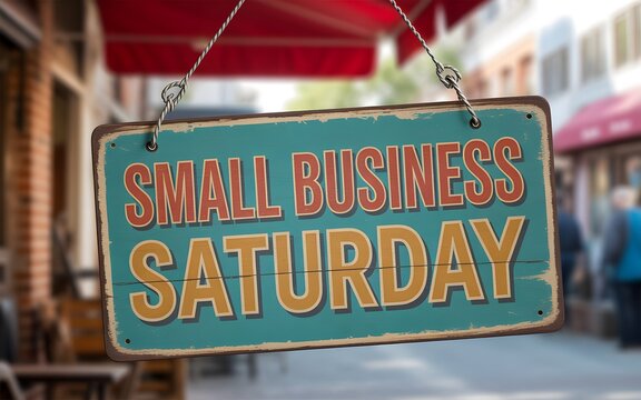 Small business saturday hanging metal sign displayed in front of a blurred retail store entrance