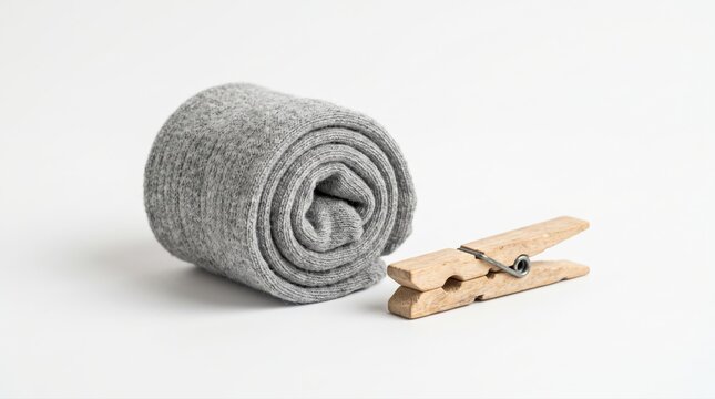 Rolled grey cotton sock and wooden clothes peg on white background