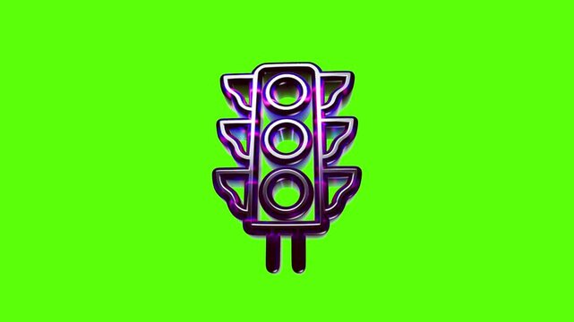 Neon traffic light icon with a shiny metal outline isolated on a bright green background for road safety
