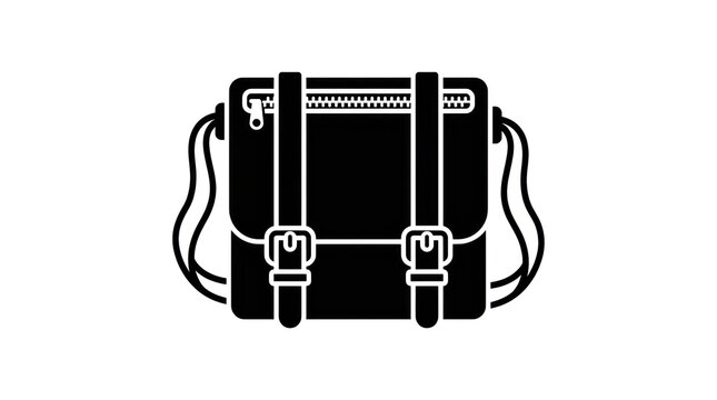 Black messenger bag icon with straps and buckles on white background.