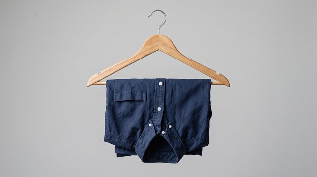 Blue button down shirt on a wooden coat hanger isolated on a light grey background