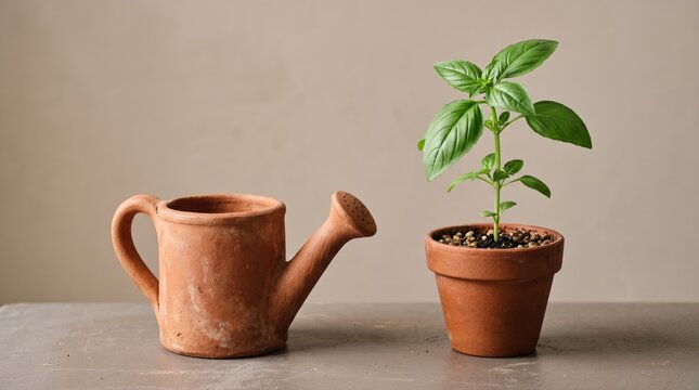 Small terracotta watering can and a green basil plant in a clay pot on a table