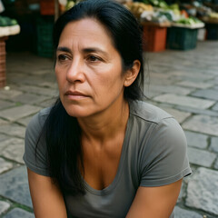 Obraz premium Poverty and economic hardship, pensive indigenous woman looking away in a market setting, social issues and resilience