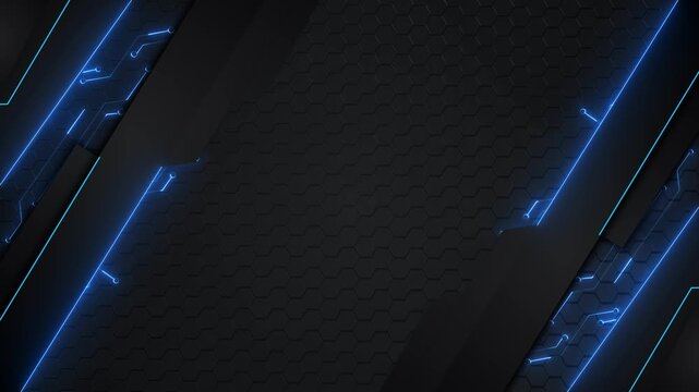 Dark hexagonal panels frame central copy area glowing blue circuits sleek layered depth. Ideal for 19 promos, cyber security gaming screens, engineering presentations, product titles, digital