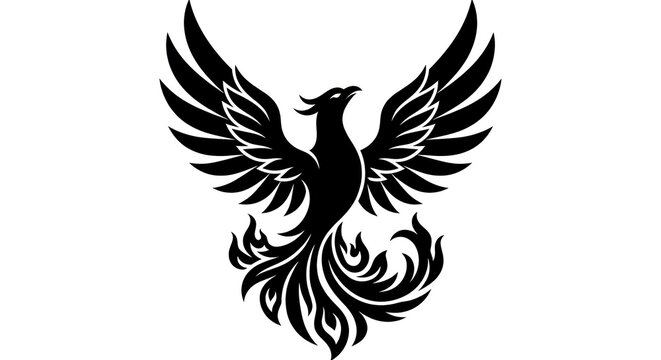 Black silhouette of a mythical phoenix bird with spread wings and fiery tail on a white background.