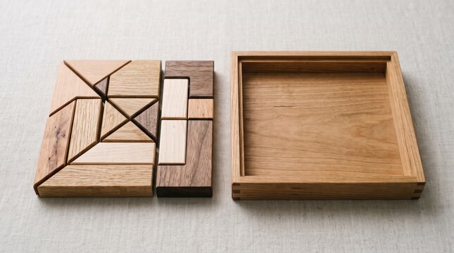 Wooden puzzle pieces arranged beside an empty tray for brain teaser activity
