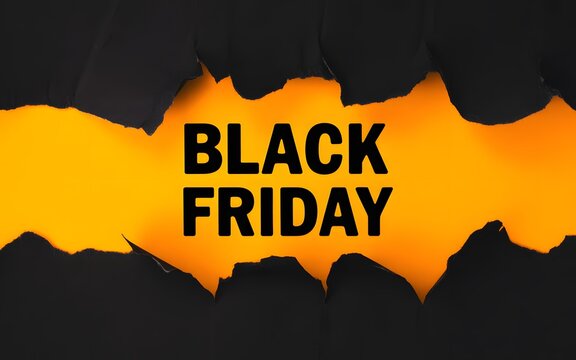 Black friday sale announcement with bold text on orange background, and torn paper