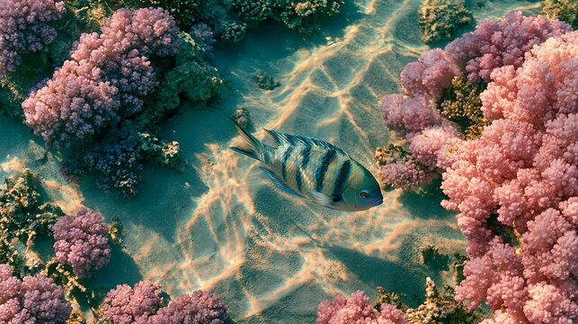Top down aerial view of a striped sergeant major fish swimming over sunlit shallow coral reef
