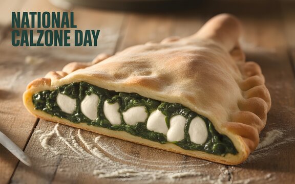 Golden brown baked calzone stuffed with spinach and mozzarella on a rustic wooden background
