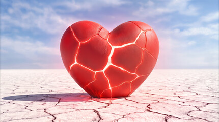 Naklejka premium Broken heart sculpture with glowing cracks standing on parched desert ground. Surreal conceptual art representing emotional pain and loneliness.