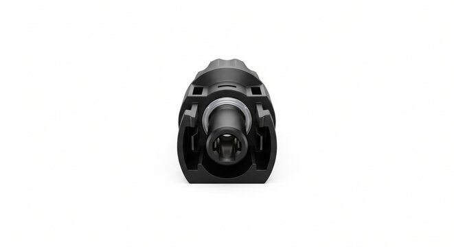 Macro of female MC4 solar connector. Opaque black polymer receptacle, clear polycarbonate weather seal, internal locking mechanism. Photovoltaic array electrical hardware isolated on white background.