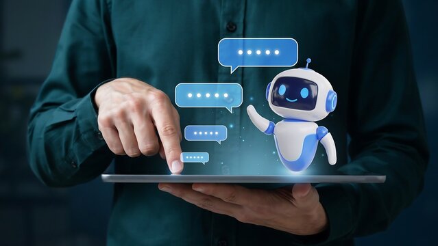 Person interacting with a friendly chatbot hologram for digital communication and customer service