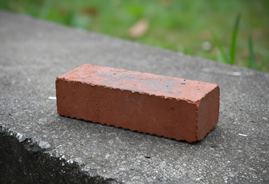 Construction and building materials, single red brick on concrete surface with green background, masonry and architecture