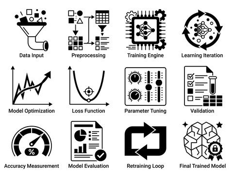 Machine learning workflow process icons set