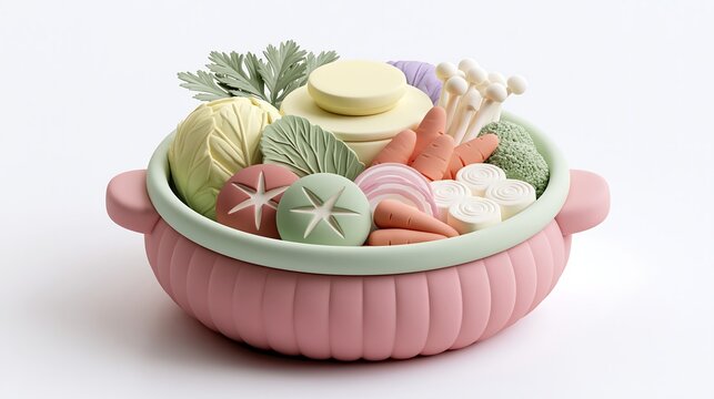 Cute pastel polymer clay craft of Japanese hot pot nabe filled with miniature vegetables
