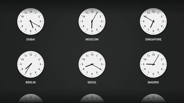 global timezone display featuring analog clock faces on