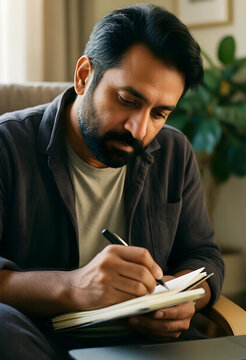 Focused man writing in a notebook productivity and concentration creative process and learning planning and organization at home