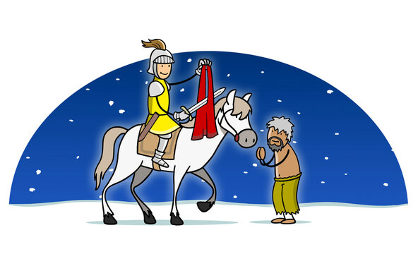 Sankt Martin auf Pferd teilt abends Mantel f&uuml;r Bettler