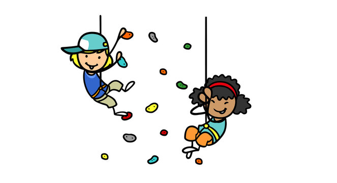 Zwei Cartoon Kinder lernen klettern in Kletterhalle von Alpenverein
