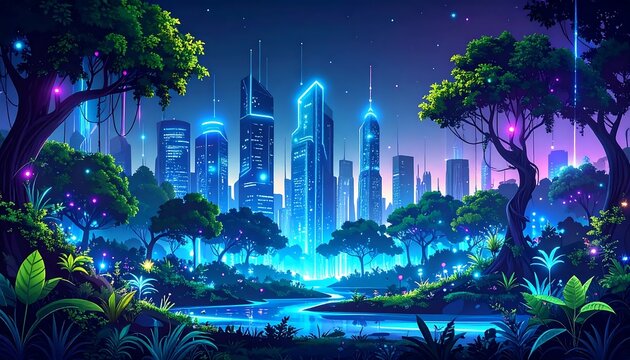Mystical digital art of futuristic cityscape with glowing towers.