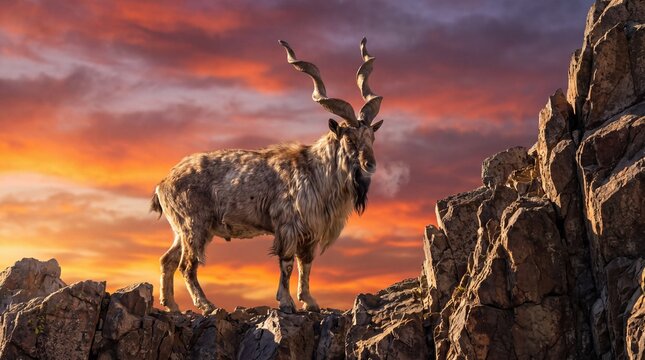 Markhor with spiral horns stands on a rocky mountain peak against a dramatic sunset sky.