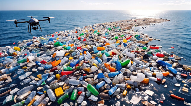 Surveillance drone flying over massive plastic waste island in ocean. Environmental monitoring of marine pollution and garbage patch.