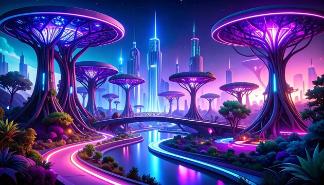 Futuristic neon cityscape with glowing trees and buildings.