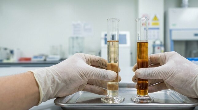 Laboratory technician analyzing and comparing samples of weathered turbine lubricant oil in graduated cylinders