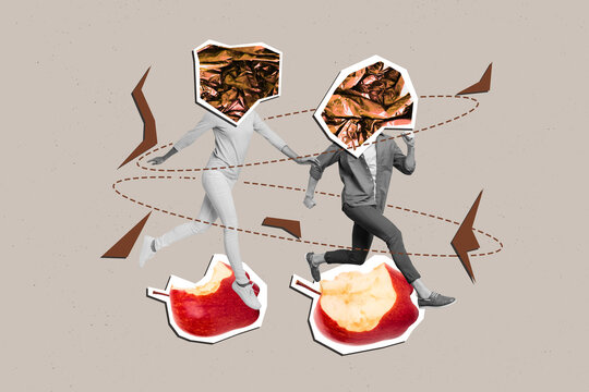 Trendy poster art photo collage of two anonym girl guy instead head plastic bag foil walk apple bitten fruit trash leftovers rubbish