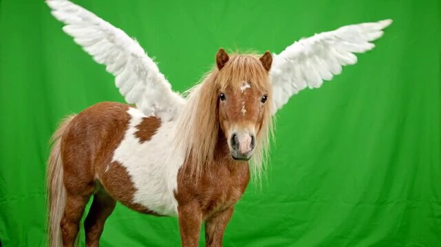 Low-angle view of pony with white wings on green screen