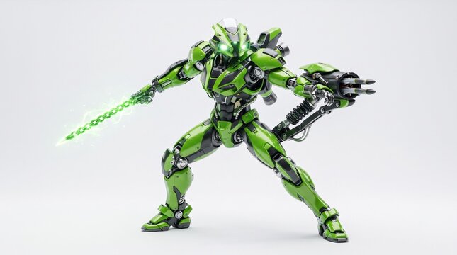 Futuristic Green Robot Warrior Holding Energy Sword and Cannon Isolated on White Background 3D Render