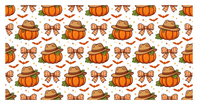 Seamless pattern with cute autumn pumpkins wearing hats bows and bats on white background seamless halloween background illustration wallpaper wrapping seasonal celebration