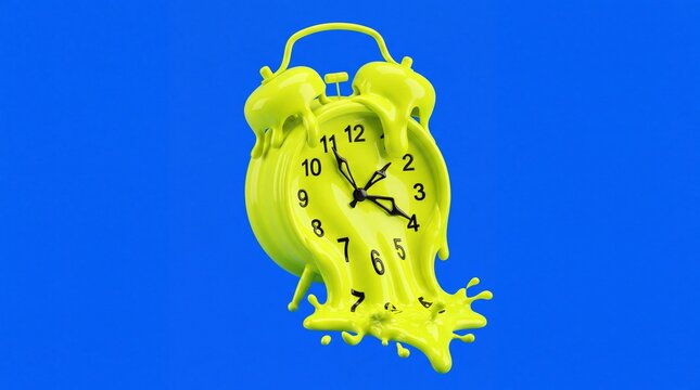 Yellow alarm clock melts into liquid drips against a solid blue background, illustrating time pressure and stress.