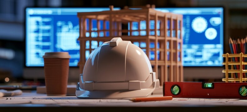 Detailed engineering desk with white hard hat