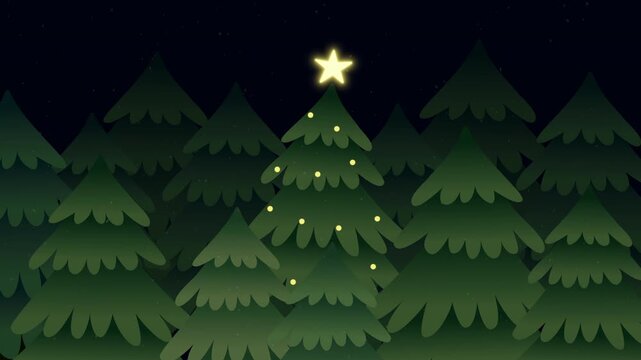 Christmas tree forest with glowing star animated winter background