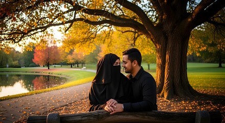 Fototapeta premium Muslim Couple Holding Hands on a Bench in Autumn Intertwined Fingers: A Romantic Fall Park Moment Intimate Couple in Traditional Attire Beneath Autumn Trees