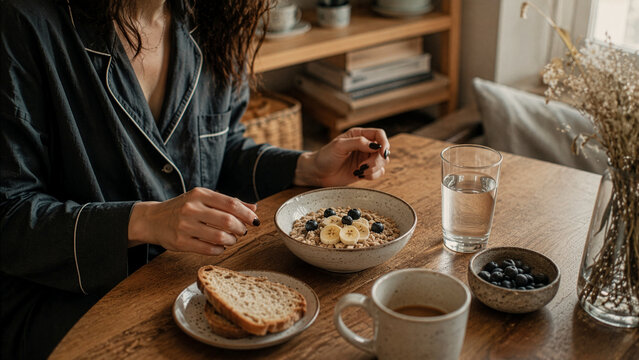 Woman Eating Healthy Breakfast With Oatmeal and Fresh Fruit at Home