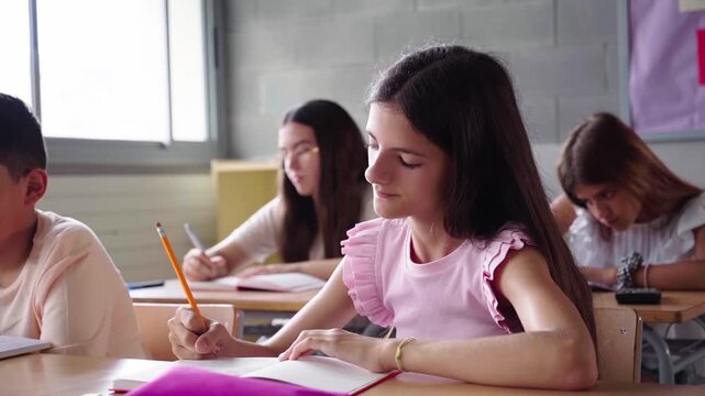 View of a group of preteens in primary school concentrated studying in the classroom doing homework writing on a notebook. Copy space.