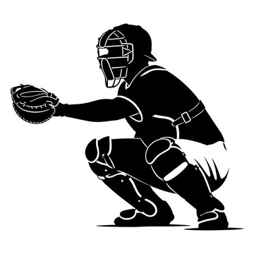 Baseball catcher silhouette, crouched position, ready for ball, side view sports