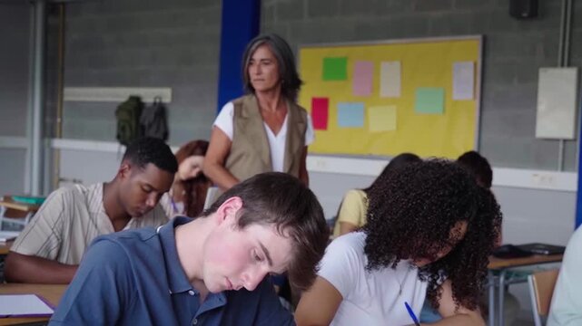 High school students concentrated during exam with teacher watching them, walking around.
