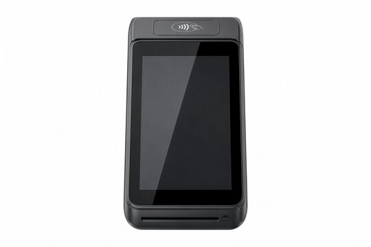 Modern POS Payment Terminal Front View with Touchscreen and Card Reader