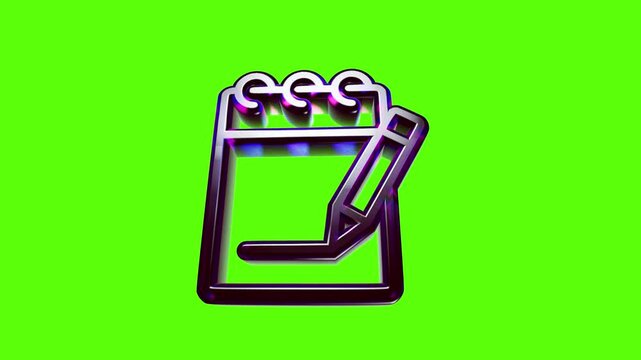 Shiny metallic notebook and pencil icon for writing and office tasks isolated on a bright green background