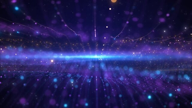 Purple and blue particle waves flow luminous floating bokeh, dotted trails, deeper space. artificial intelligence, data visualization, music visuals, 19 promos, science films, abstract