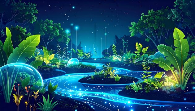 Vibrant underwater coral reef ecosystem at night.