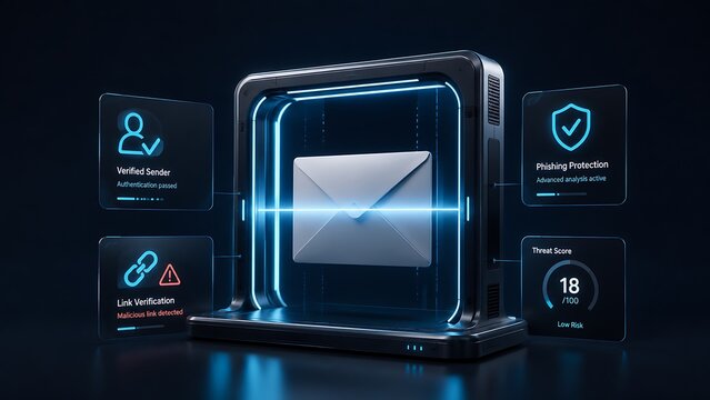 3D Digital Email Security Scanner With Phishing Protection And Threat Analysis Interface